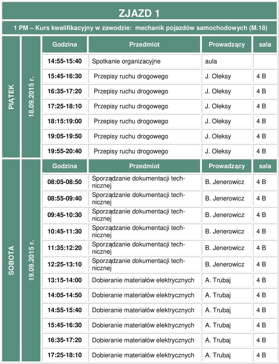 Oleksy 4 B 19:55-20:40 Przepisy ruchu drogowego J. Oleksy 4 B 19.09.2015 r. 11:35:12:20 12:25-13:10 13:15-14:00 Dobieranie materiałów elektrycznych A.