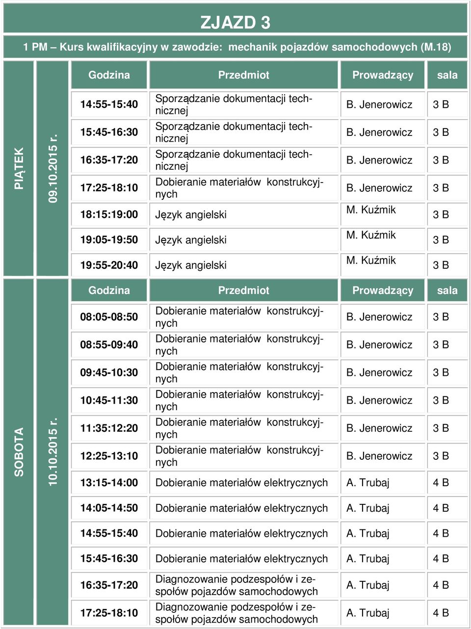 Jenerowicz B. Jenerowicz B. Jenerowicz B. Jenerowicz B. Jenerowicz 13:15-14:00 Dobieranie materiałów elektrycznych A. Trubaj 4 B 14:05-14:50 Dobieranie materiałów elektrycznych A.