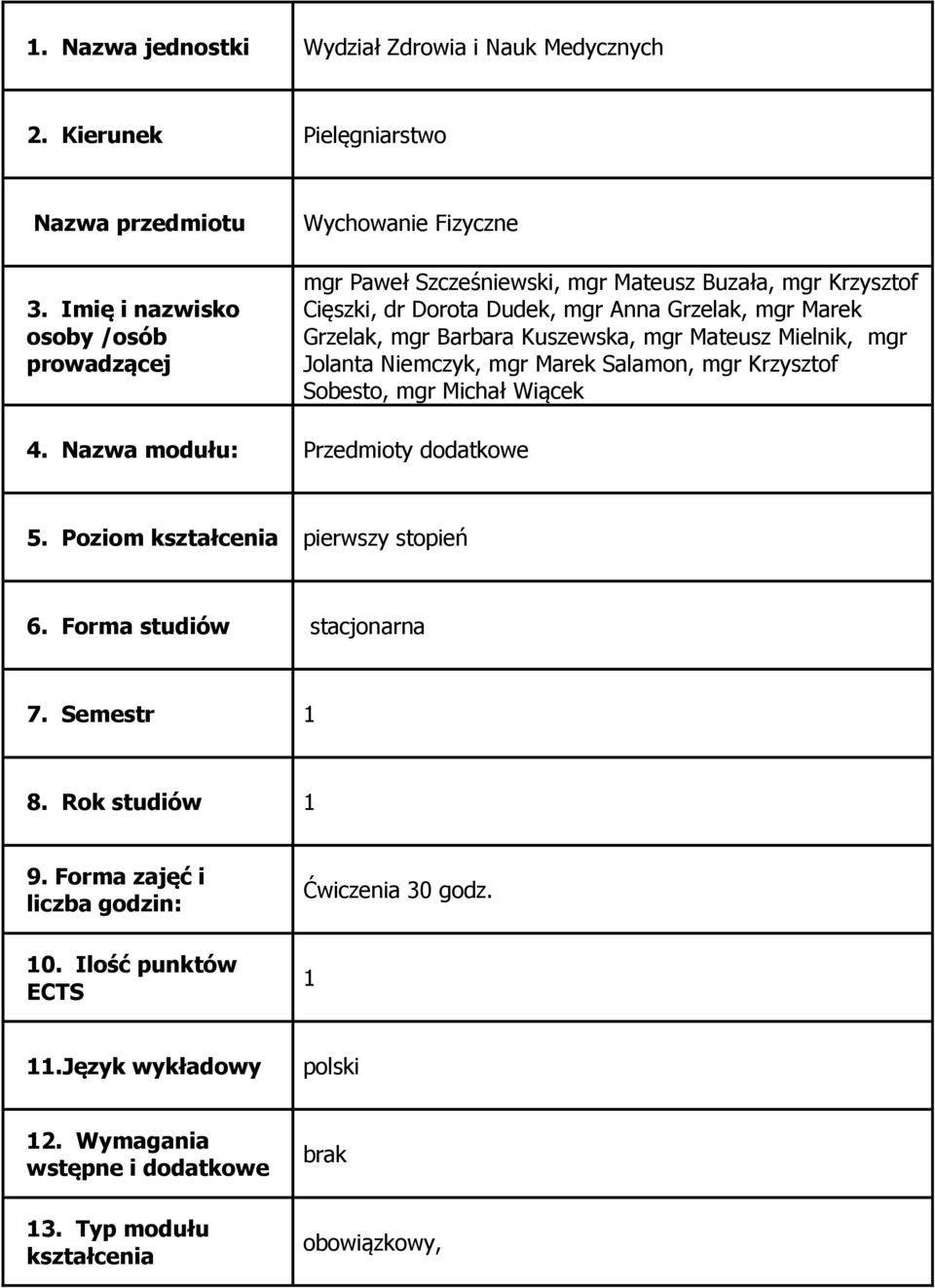 Grzelak, mgr Barbara Kuszewska, mgr Mateusz Mielnik, mgr Jolanta Niemczyk, mgr Marek Salamon, mgr Krzysztof Sobesto, mgr Michał Wiącek 4. Nazwa modułu: Przedmioty dodatkowe 5.