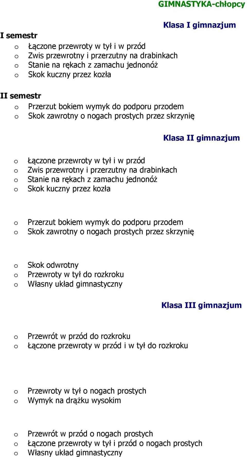 Przerzut bkiem wymyk d pdpru przdem Skk zawrtny ngach prstych przez skrzynię Skk dwrtny Przewrty w tył d rzkrku Własny układ gimnastyczny Przewrót w przód d rzkrku Łączne