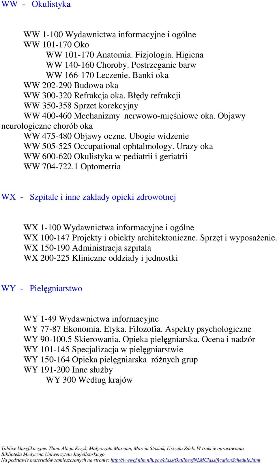 Objawy neurologiczne chorób oka WW 475-480 Objawy oczne. Ubogie widzenie WW 505-525 Occupational ophtalmology. Urazy oka WW 600-620 Okulistyka w pediatrii i geriatrii WW 704-722.