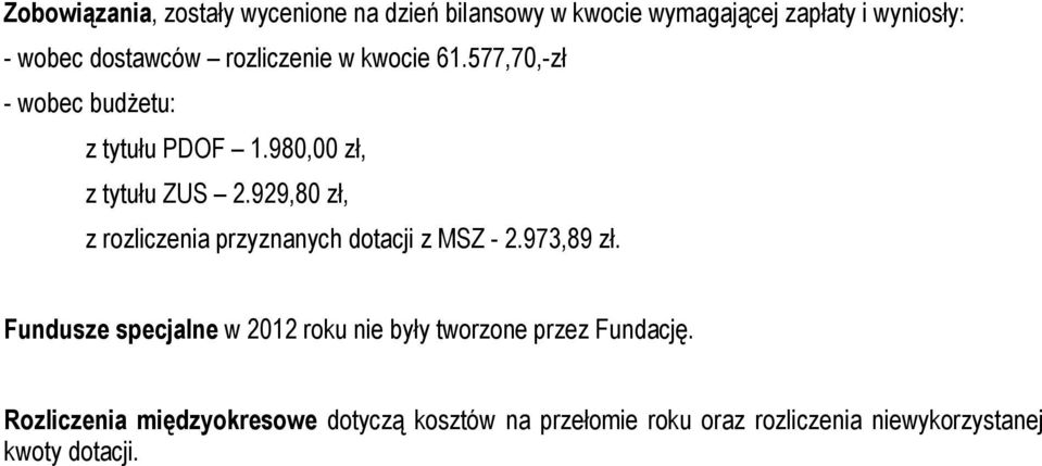 929,80 zł, z rozliczenia przyznanych dotacji z MSZ - 2.973,89 zł.