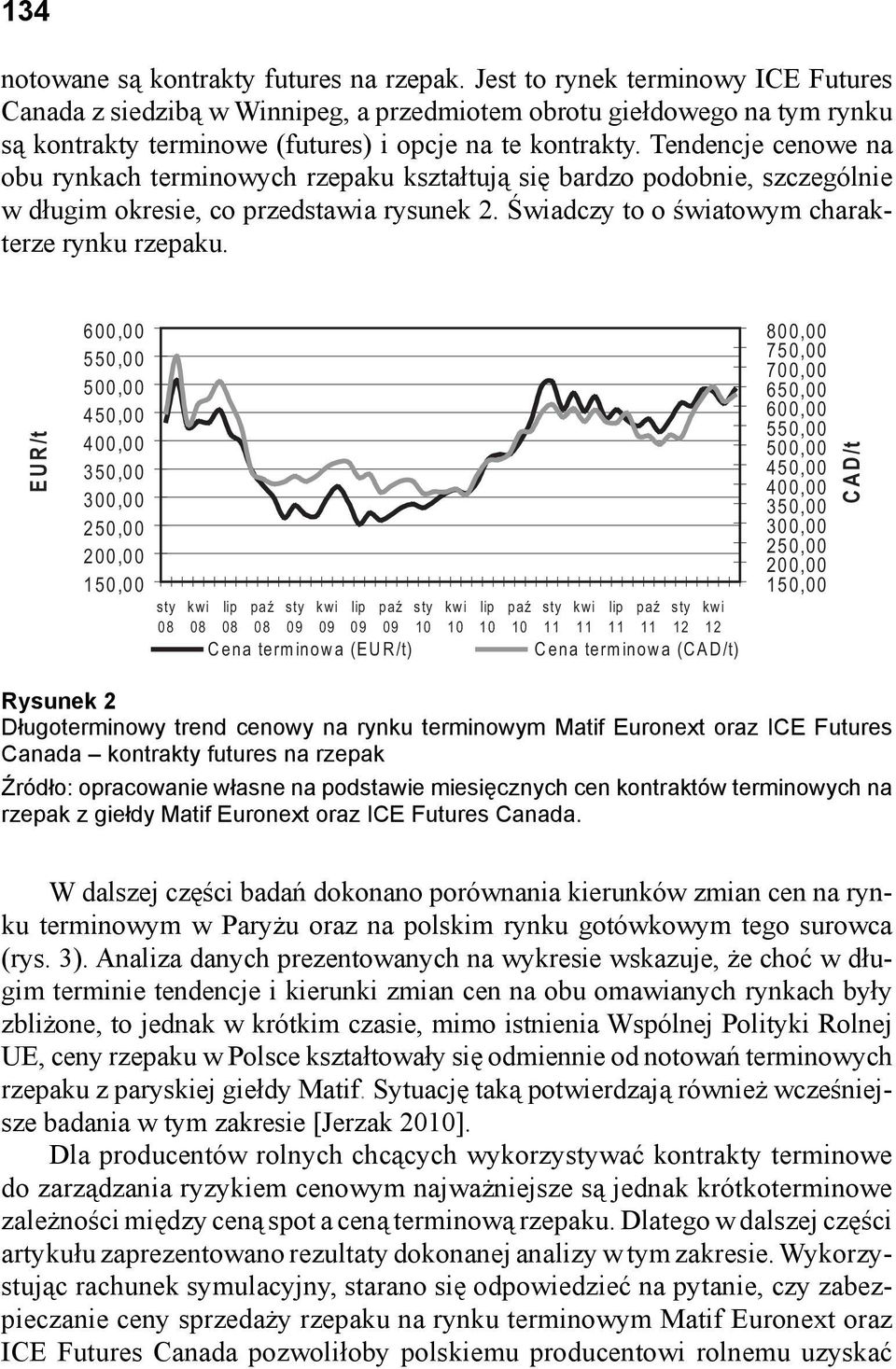 Tendencje cenowe na obu rynkach terminowych rzepaku kształtują się bardzo podobnie, szczególnie w długim okresie, co przedstawia rysunek 2. Świadczy to o światowym charakterze rynku rzepaku.