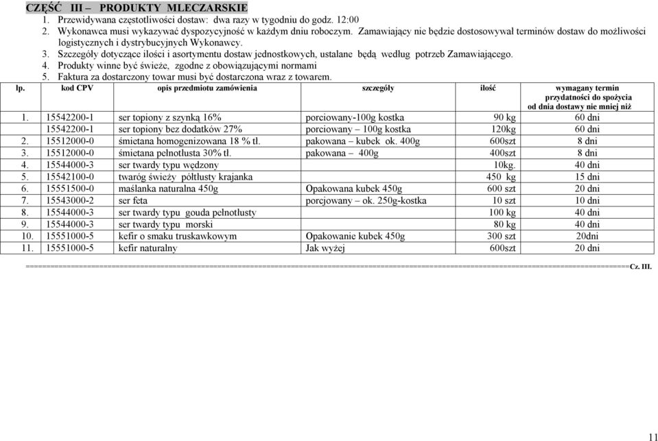 Szczegóły dotyczące ilości i asortymentu dostaw jednostkowych, ustalane będą według potrzeb Zamawiającego. 4. Produkty winne być świeże, zgodne z obowiązującymi normami 5.