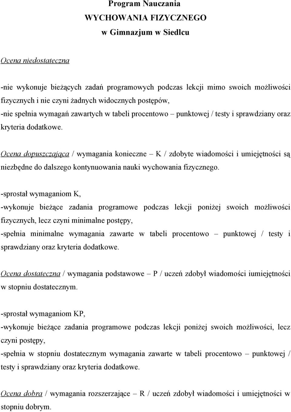 Ocena dopuszczająca / wymagania konieczne K / zdobyte wiadomości i umiejętności są niezbędne do dalszego kontynuowania nauki wychowania fizycznego.