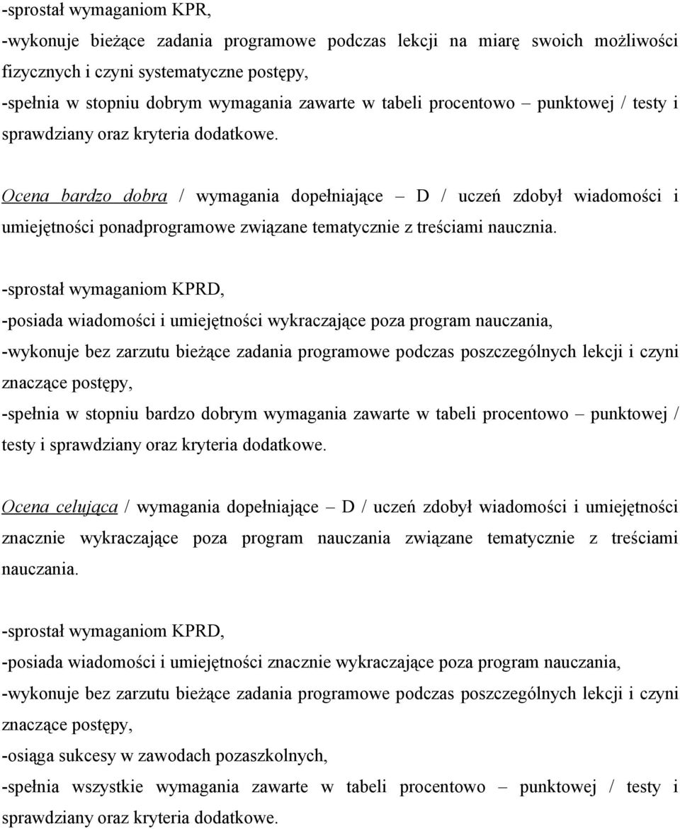 Ocena bardzo dobra / wymagania dopełniające D / uczeń zdobył wiadomości i umiejętności ponadprogramowe związane tematycznie z treściami naucznia.