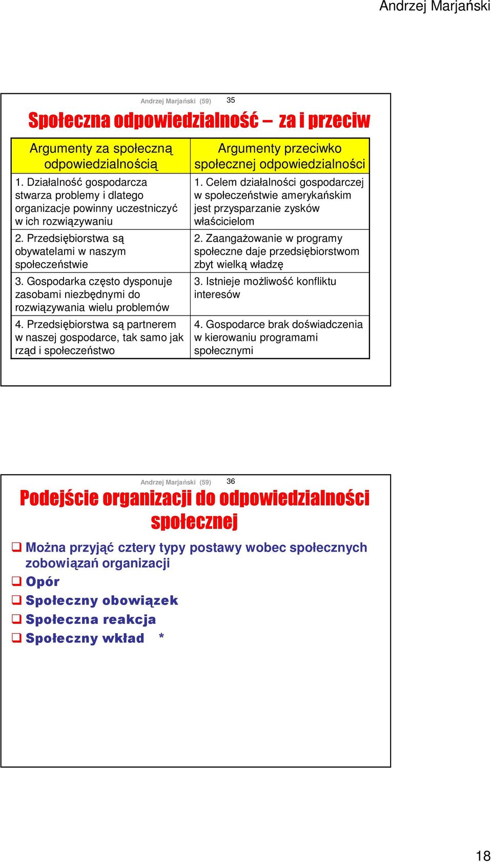 Przedsiębiorstwa są partnerem w naszej gospodarce, tak samo jak rząd i społeczeństwo 35 Argumenty przeciwko społecznej odpowiedzialności 1.