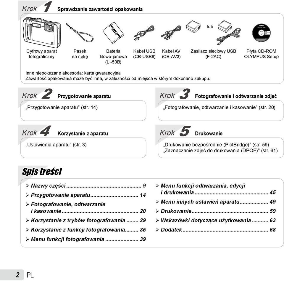 Krok 2 Przygotowanie aparatu Przygotowanie aparatu (str. 14) Krok 3 Fotografowanie i odtwarzanie zdjęć Fotografowanie, odtwarzanie i kasowanie (str.