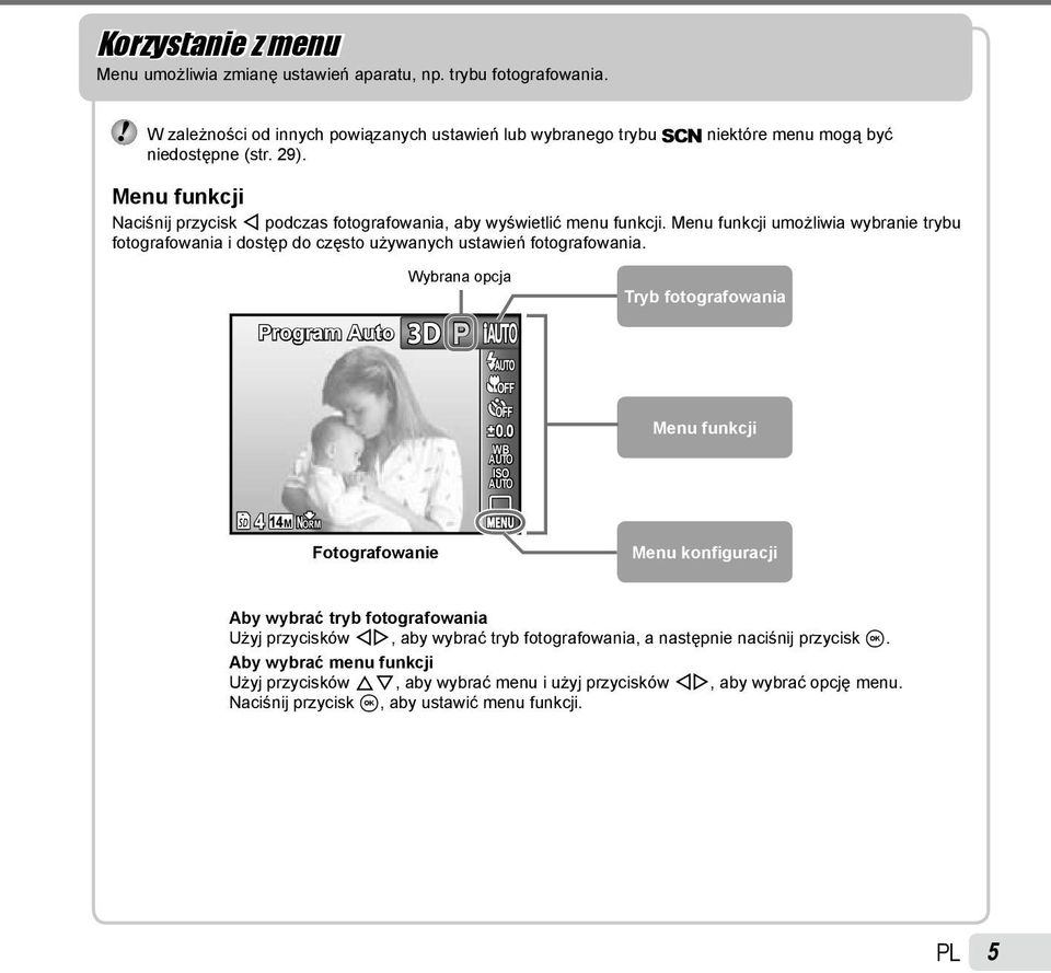 Menu funkcji umożliwia wybranie trybu fotografowania i dostęp do często używanych ustawień fotografowania. Program Auto Wybrana opcja 3D P Tryb fotografowania 0.