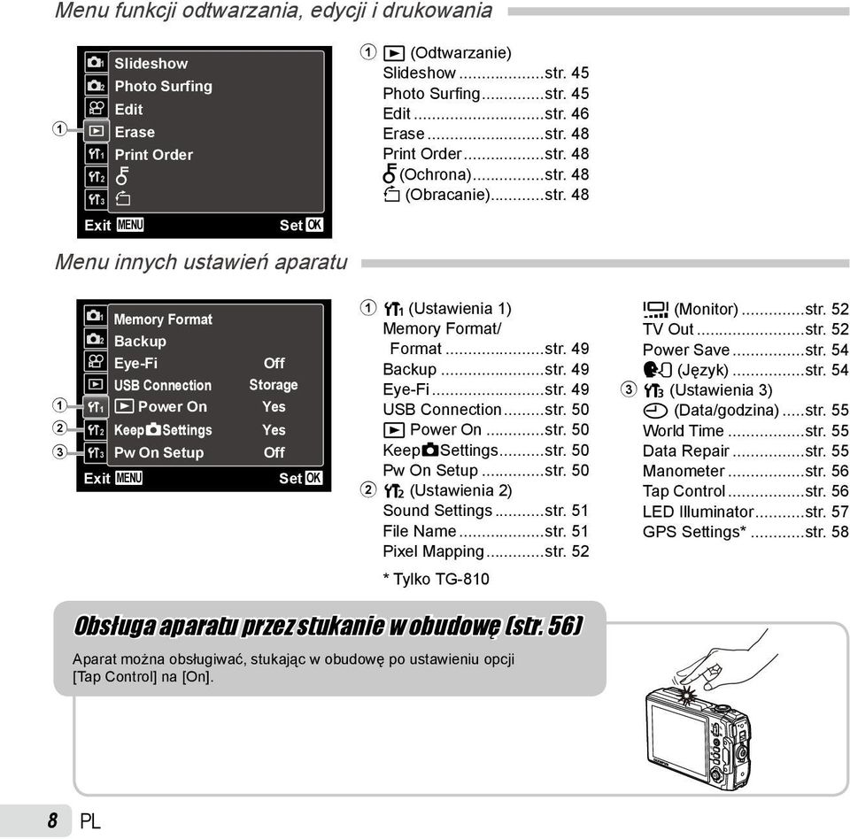 45 Edit...str. 46 Erase...str. 48 Print Order...str. 48 R (Ochrona)...str. 48 y (Obracanie)...str. 48 1 2 3 1 2 1 2 3 Memory Format Backup Eye-Fi USB Connection q Power On KeepzSettings Pw On Setup Exit MENU Off Storage Yes Yes Off Set OK 1 r (Ustawienia 1) Memory Format/ Format.