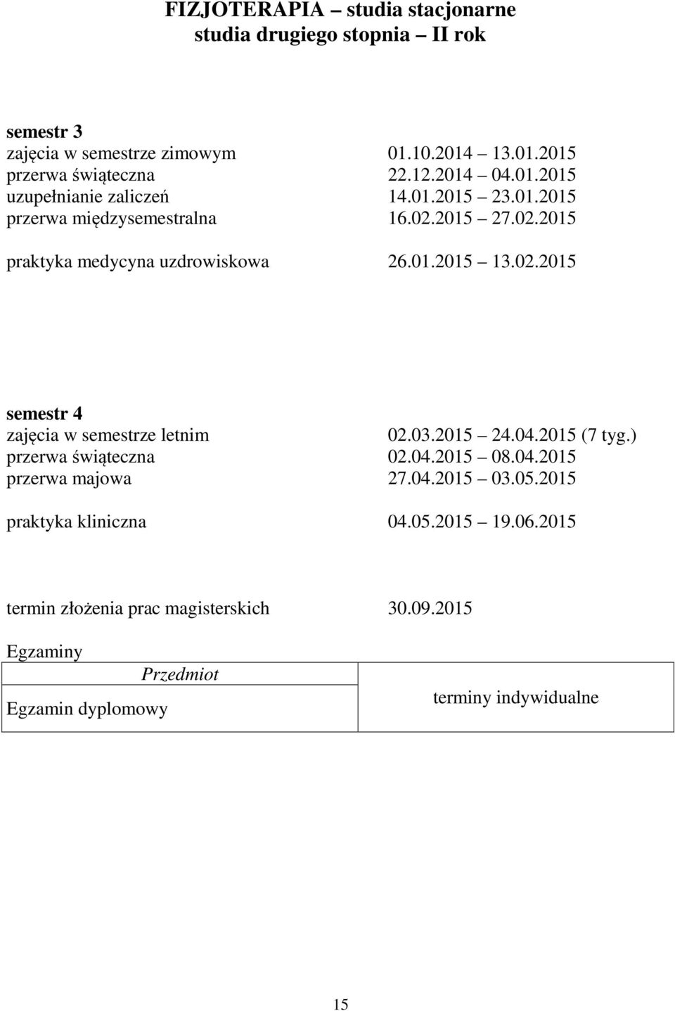 02.2015 semestr 4 zajęcia w semestrze letnim 02.03.2015 24.04.2015 (7 tyg.) przerwa świąteczna 02.04.2015 08.04.2015 przerwa majowa 27.04.2015 03.