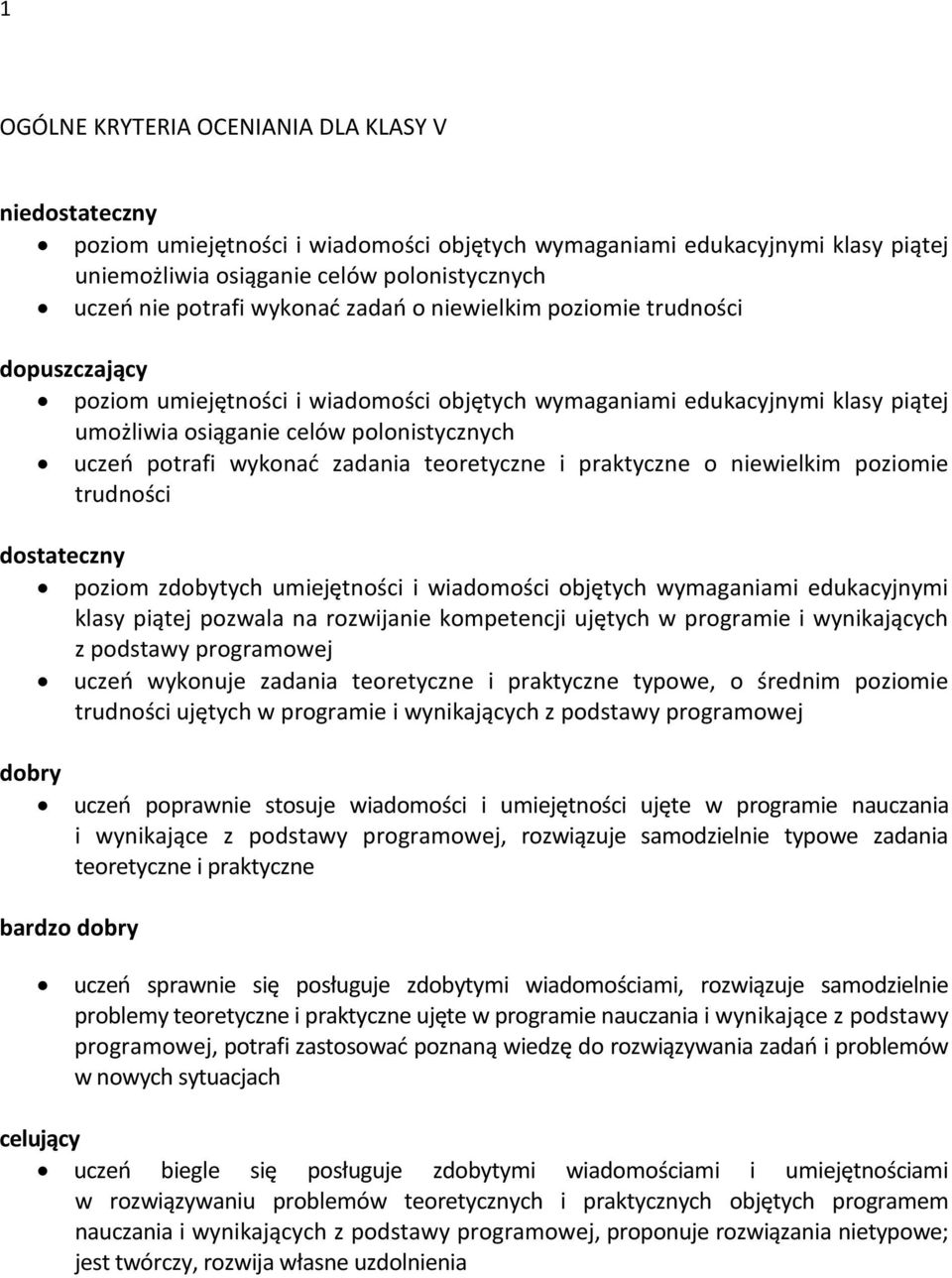 wykonać zadania teoretyczne i praktyczne o niewielkim poziomie trudności dostateczny poziom zdobytych umiejętności i wiadomości objętych wymaganiami edukacyjnymi klasy piątej pozwala na rozwijanie