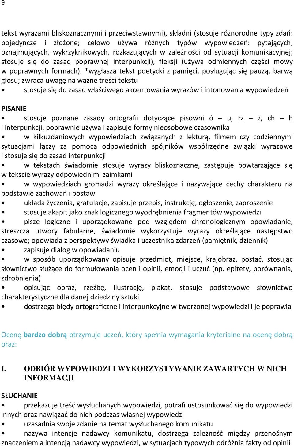 posługując się pauzą, barwą głosu; zwraca uwagę na ważne treści tekstu stosuje się do zasad właściwego akcentowania wyrazów i intonowania wypowiedzeń PISANIE stosuje poznane zasady ortografii