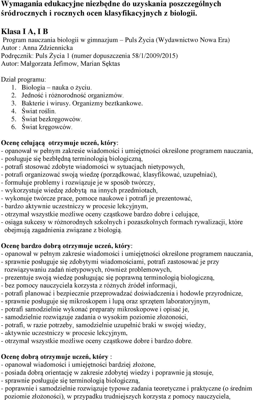 Jefimow, Marian Sęktas Dział programu: 1. Biologia nauka o życiu. 2. Jedność i różnorodność organizmów. 3. Bakterie i wirusy. Organizmy beztkankowe. 4. Świat roślin. 5. Świat bezkręgowców. 6.