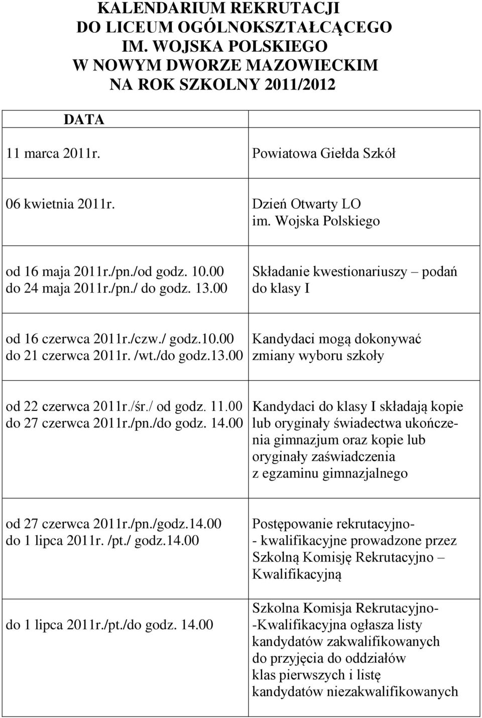 /wt./do godz.13.00 Kandydaci mogą dokonywać zmiany wyboru szkoły od 22 czerwca 2011r./śr./ od godz. 11.00 do 27 czerwca 2011r./pn./do godz. 14.