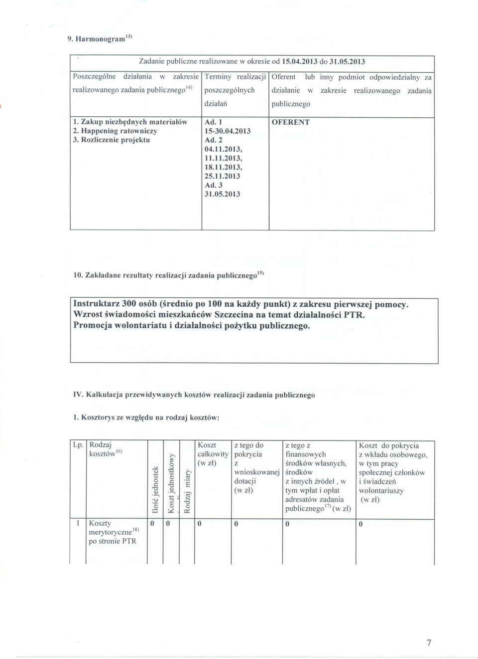 dzialan publicznego 1. Zakup niezbednych materialów Ad. 1 OFERENT 2. Happening ratowniczy 15-30.04.2013 3. Rozliczenie projektu Ad. 2 04.11.2013, 11.11.2013, 18.11.2013, 25.11.2013 Ad. 3 31.05.