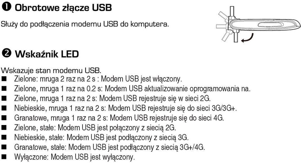 Niebieskie, mruga 1 raz na 2 s: Modem USB rejestruje się do sieci 3G/3G+.