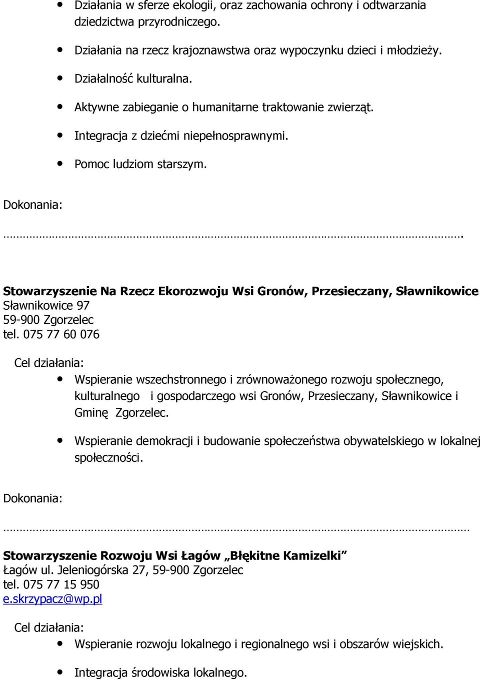 . Stowarzyszenie Na Rzecz Ekorozwoju Wsi Gronów, Przesieczany, Sławnikowice Sławnikowice 97 tel.