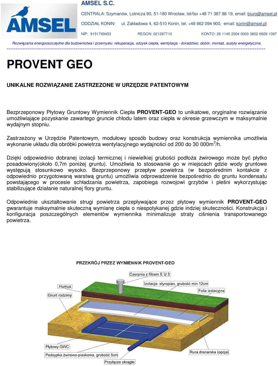 ZastrzeŜony w Urzędzie Patentowym, modułowy sposób budowy oraz konstrukcja wymiennika umoŝliwia wykonanie układu dla obróbki powietrza wentylacyjnego wydajności od 200 do 30 000m 3 /h.