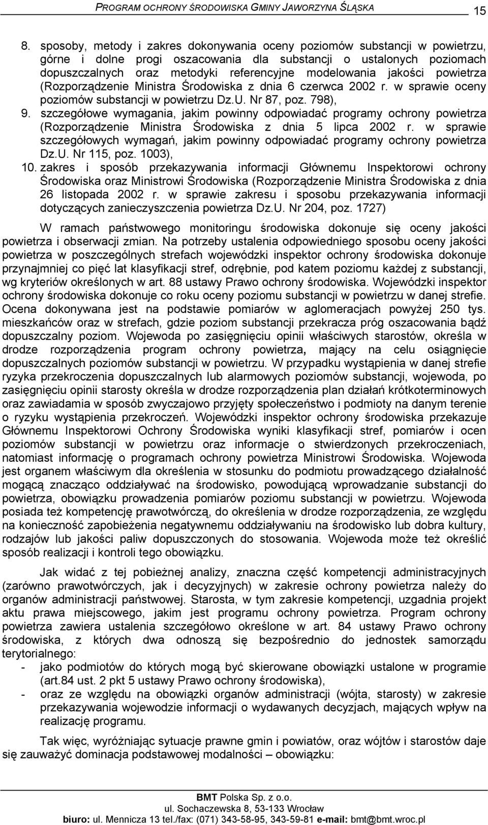 szczegółowe wymagania, jakim powinny odpowiadać programy ochrony powietrza (Rozporządzenie Ministra Środowiska z dnia 5 lipca 2002 r.