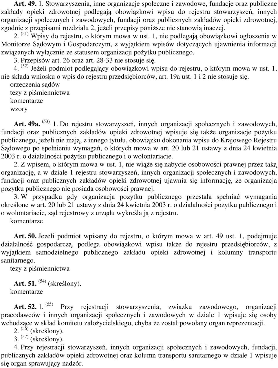 zawodowych, fundacji oraz publicznych zakładów opieki zdrowotnej, zgodnie z przepisami rozdziału 2, jeżeli przepisy poniższe nie stanowią inaczej. 2. (51) Wpisy do rejestru, o którym mowa w ust.