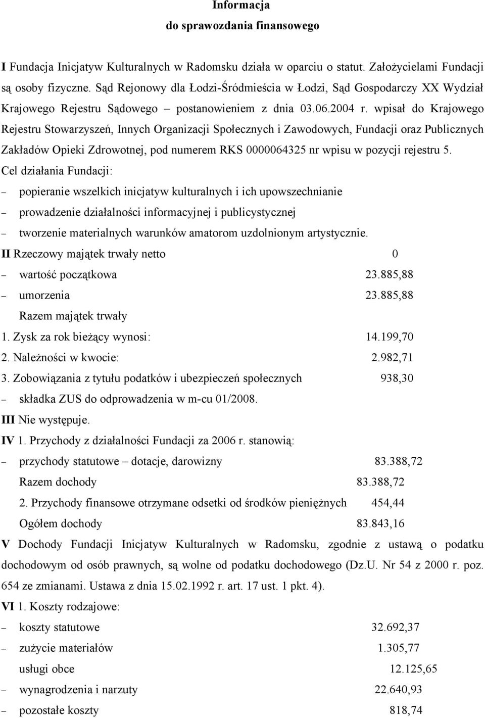 wpisał do Krajowego Rejestru Stowarzyszeń, Innych Organizacji Społecznych i Zawodowych, Fundacji oraz Publicznych Zakładów Opieki Zdrowotnej, pod numerem RKS 0000064325 nr wpisu w pozycji rejestru 5.