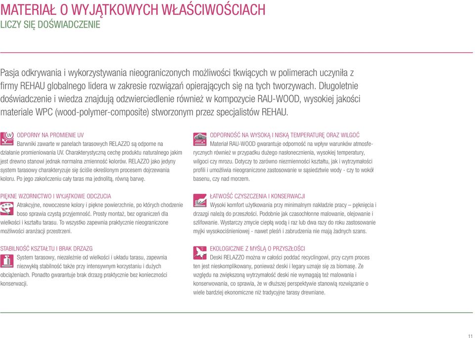 Długoletnie doświadczenie i wiedza znajdują odzwierciedlenie również w kompozycie RAU-WOOD, wysokiej jakości materiale WPC (wood-polymer-composite) stworzonym przez specjalistów REHAU.