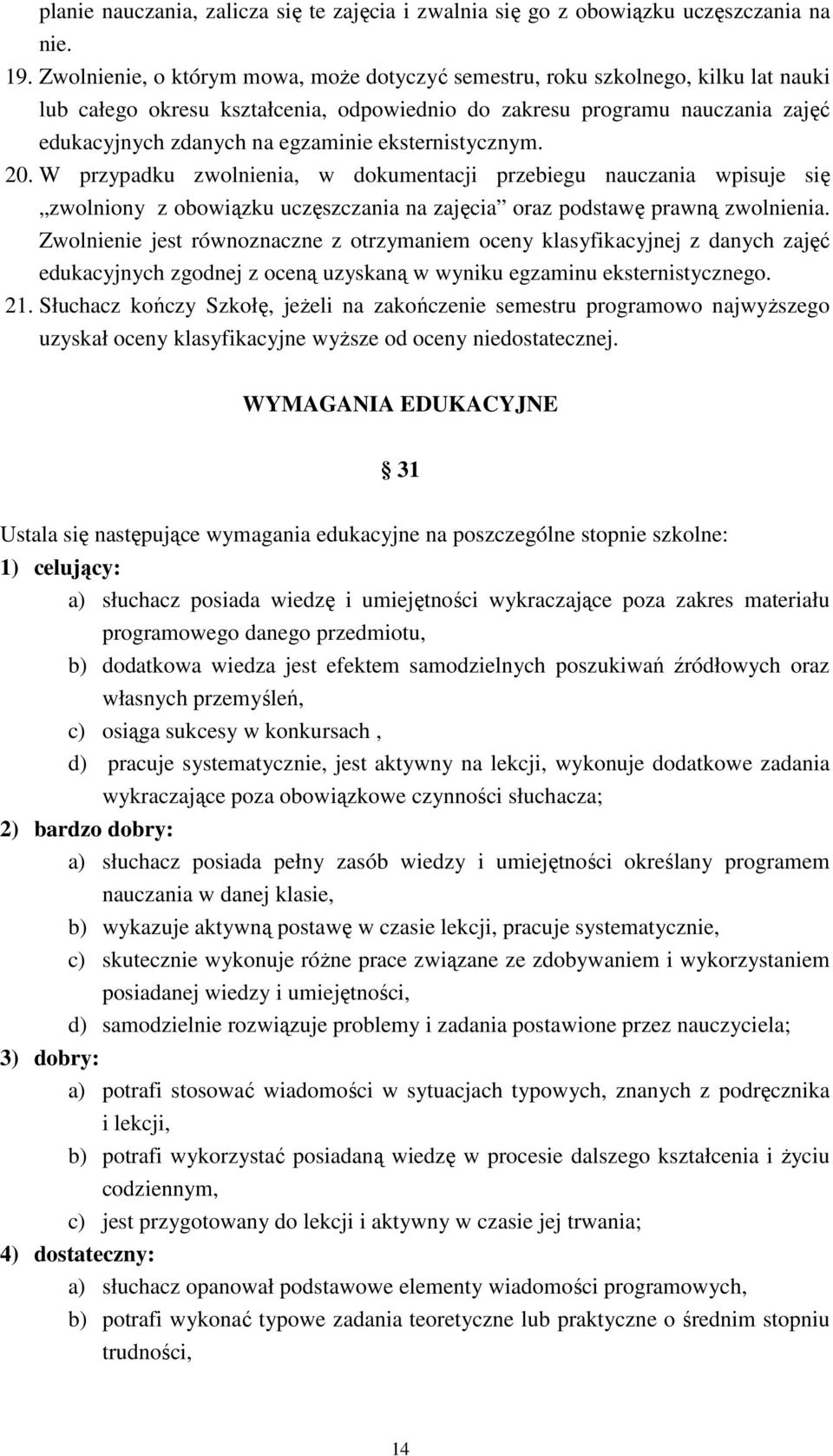 eksternistycznym. 20. W przypadku zwolnienia, w dokumentacji przebiegu nauczania wpisuje się zwolniony z obowiązku uczęszczania na zajęcia oraz podstawę prawną zwolnienia.