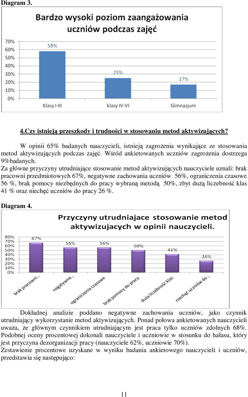 Za główne przyczyny utrudniające stosowanie metod aktywizujących nauczyciele uznali: brak pracowni przedmiotowych 67%, negatywne zachowania uczniów 56%, ograniczenia czasowe 56 %, brak pomocy