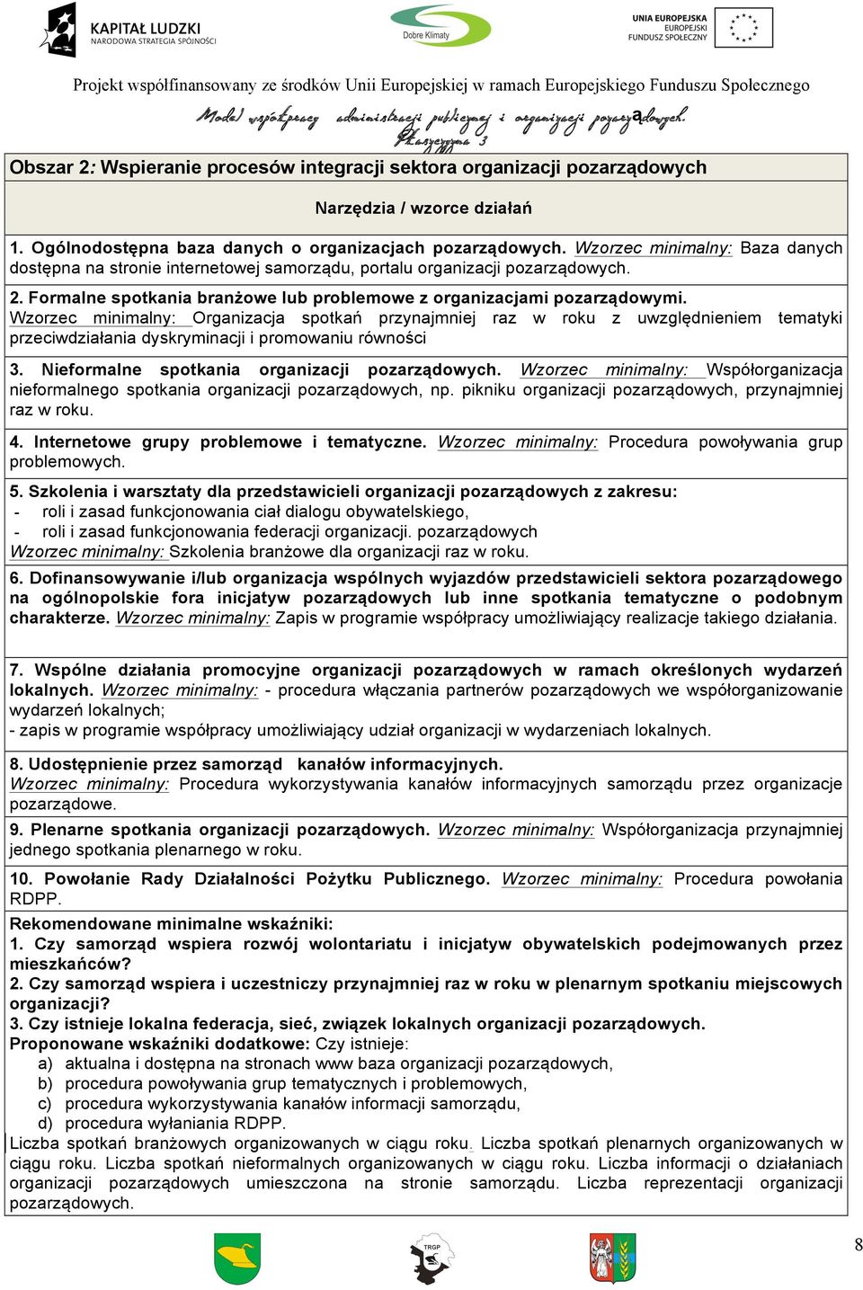 Wzorzec minimalny: Organizacja spotkań przynajmniej raz w roku z uwzględnieniem tematyki przeciwdziałania dyskryminacji i promowaniu równości 3. Nieformalne spotkania organizacji pozarządowych.