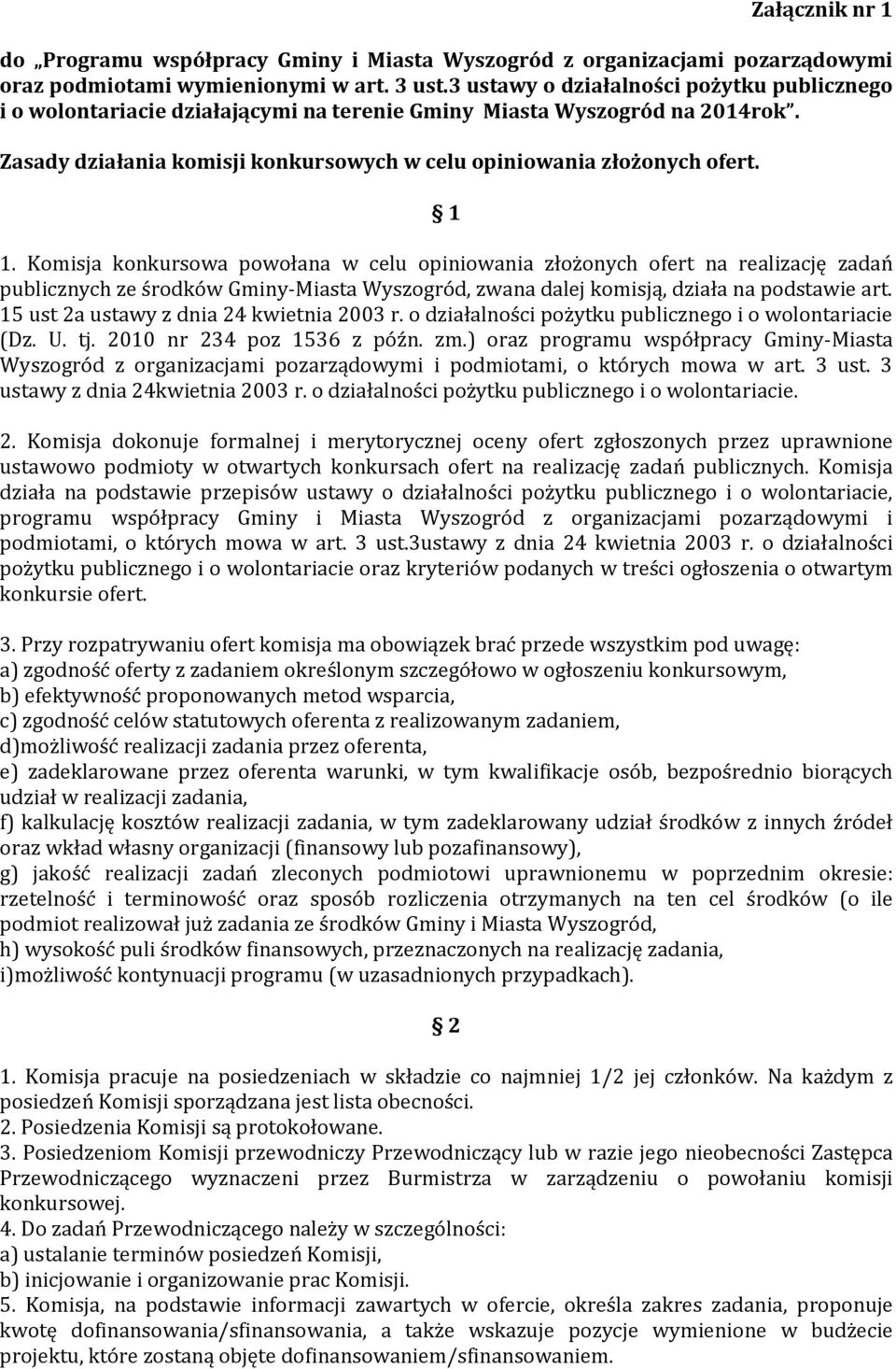 Komisja konkursowa powołana w celu opiniowania złożonych ofert na realizację zadań publicznych ze środków Gminy-Miasta Wyszogród, zwana dalej komisją, działa na podstawie art.