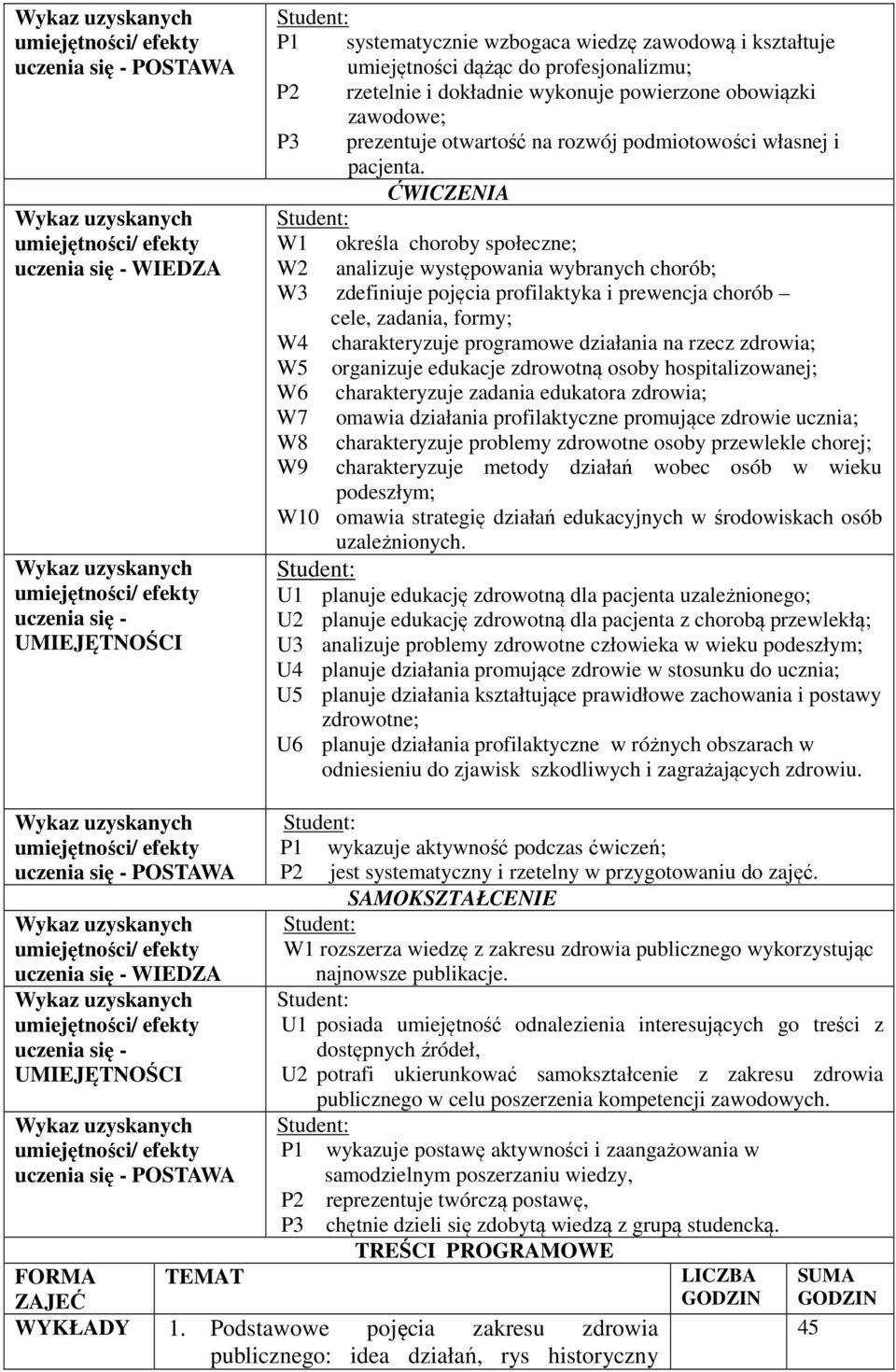 ĆWICZENIA W1 określa choroby społeczne; W2 analizuje występowania wybranych chorób; W3 zdefiniuje pojęcia profilaktyka i prewencja chorób cele, zadania, formy; W charakteryzuje programowe działania