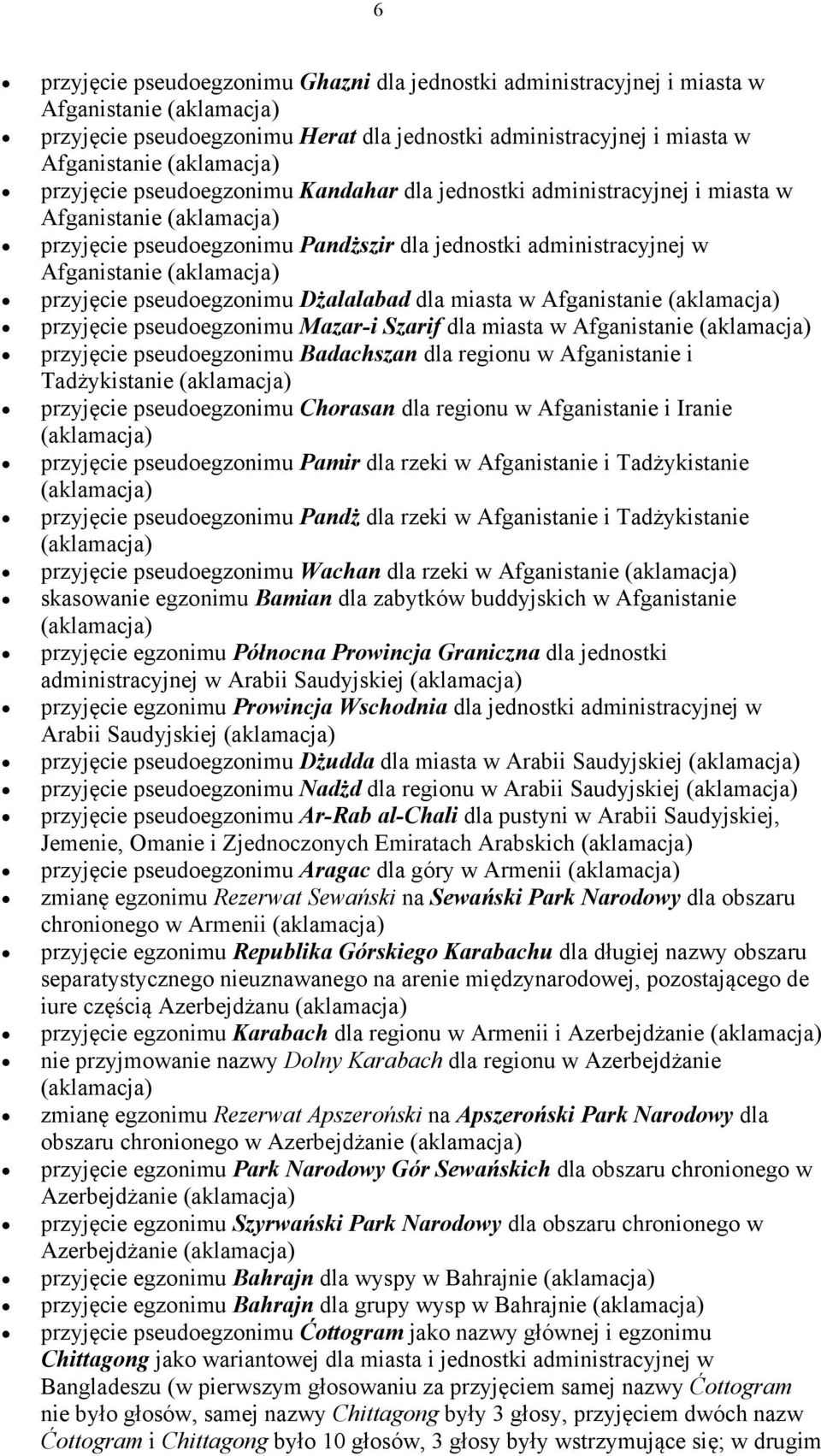 Afganistanie przyjęcie pseudoegzonimu Mazar-i Szarif dla miasta w Afganistanie przyjęcie pseudoegzonimu Badachszan dla regionu w Afganistanie i Tadżykistanie przyjęcie pseudoegzonimu Chorasan dla