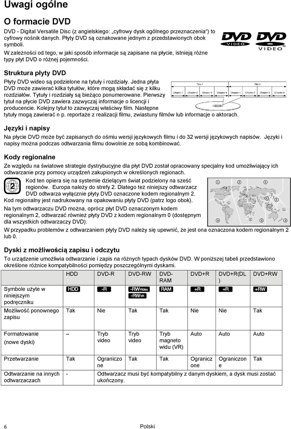 Jedna płyta DVD może zawierać kilka tytułów, które mogą składać się z kilku rozdziałów. Tytuły i rozdziały są bieżąco ponumerowane.