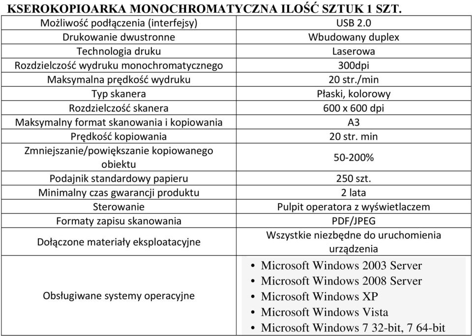 /min Typ skanera Płaski, kolorowy Rozdzielczość skanera 600 x 600 dpi Maksymalny format skanowania i kopiowania A3 Prędkość kopiowania 20 str.