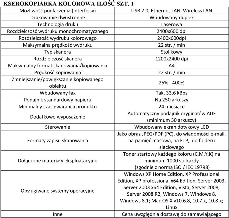 Maksymalna prędkość wydruku 22 str. / min Typ skanera Stolikowy Rozdzielczość skanera 1200x2400 dpi Maksymalny format skanowania/kopiowania A4 Prędkość kopiowania 22 str.