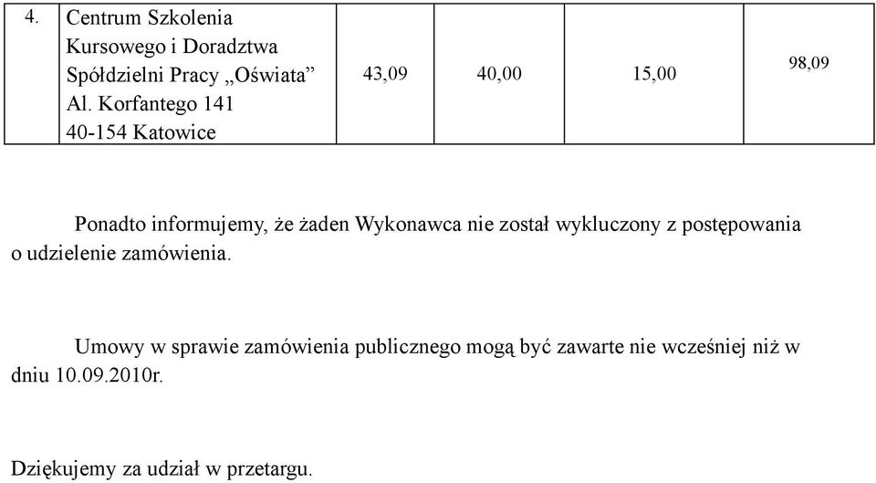 żaden Wykonawca nie został wykluczony z postępowania o udzielenie.