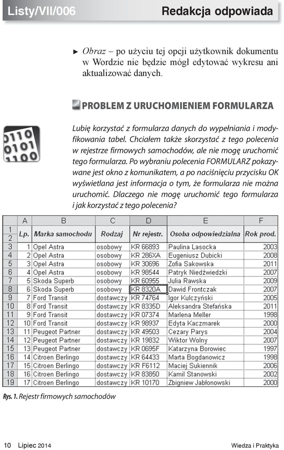 Chciałem także skorzystać z tego polecenia w rejestrze firmowych samochodów, ale nie mogę uruchomić tego formularza.