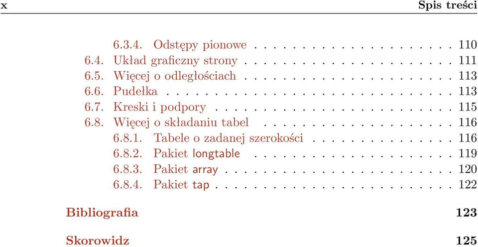 8. Więcej o składaniu tabel.................... 116 6.8.1. Tabele o zadanej szerokości............... 116 6.8.2. Pakiet longtable..................... 119 6.