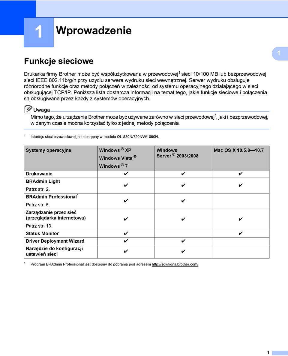 Poniższa lista dostarcza informacji na temat tego, jakie funkcje sieciowe i połączenia są obsługiwane przez każdy z systemów operacyjnych.