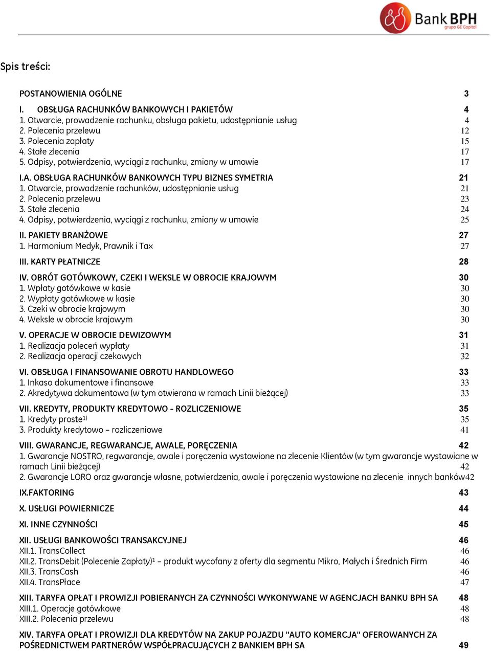 Otwarcie, prowadzenie rachunków, udostępnianie usług 21 2. Polecenia przelewu 23 3. Stałe zlecenia 24 4. Odpisy, potwierdzenia, wyciągi z rachunku, zmiany w umowie 25 II. PAKIETY BRANŻOWE 27 1.