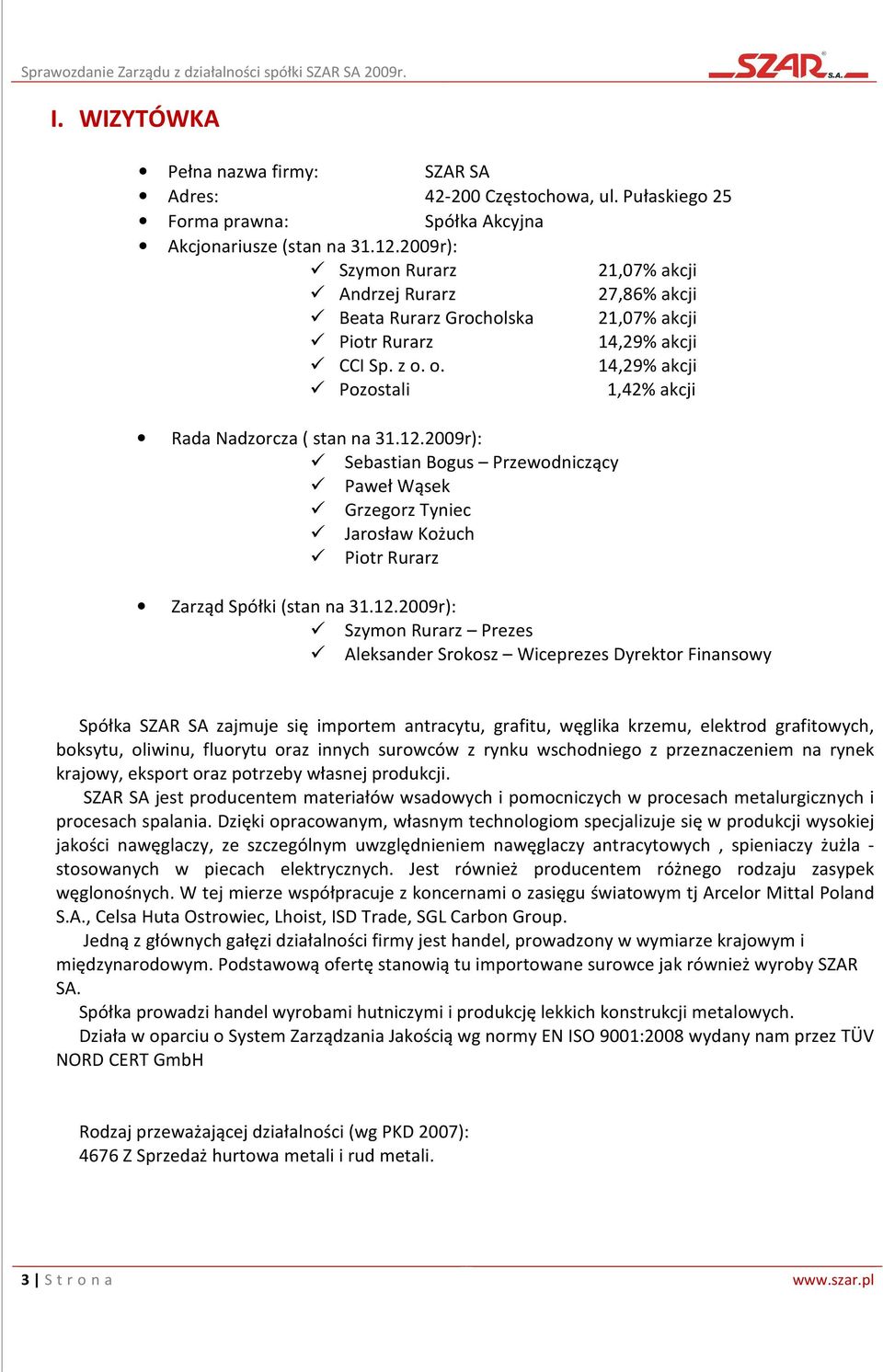 o. 14,29% akcji Pozostali 1,42% akcji Rada Nadzorcza ( stan na 31.12.