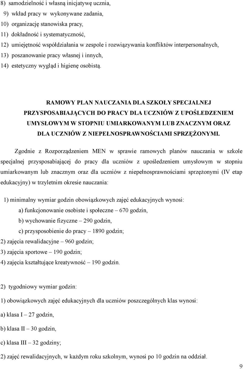 RAMOWY PLAN NAUCZANIA DLA SZKOŁY SPECJALNEJ PRZYSPOSABIAJĄCYCH DO PRACY DLA UCZNIÓW Z UPOŚLEDZENIEM UMYSŁOWYM W STOPNIU UMIARKOWANYM LUB ZNACZNYM ORAZ DLA UCZNIÓW Z NIEPEŁNOSPRAWNOŚCIAMI SPRZĘŻONYMI.