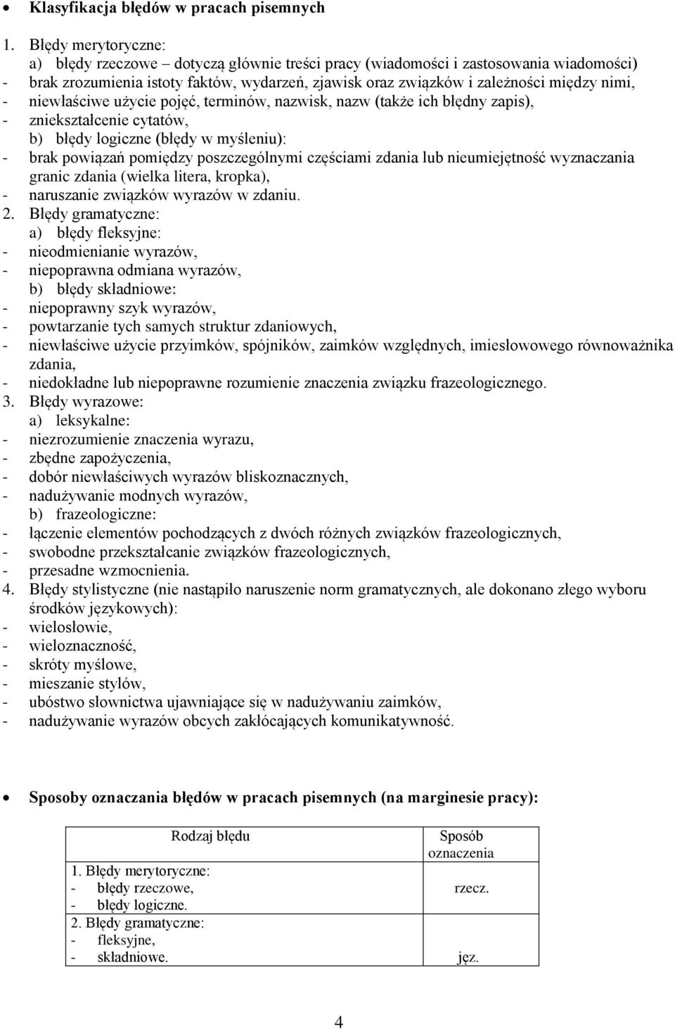 niewłaściwe użycie pojęć, terminów, nazwisk, nazw (także ich błędny zapis), - zniekształcenie cytatów, b) błędy logiczne (błędy w myśleniu): - brak powiązań pomiędzy poszczególnymi częściami zdania