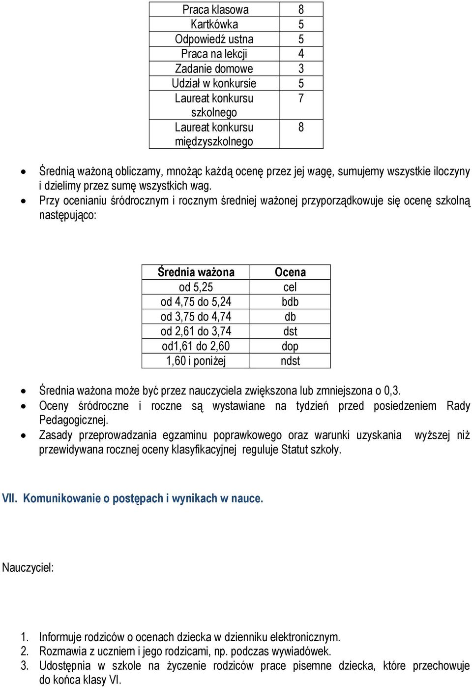 Przy ocenianiu śródrocznym i rocznym średniej ważonej przyporządkowuje się ocenę szkolną następująco: Średnia ważona Ocena od 5,25 cel od 4,75 do 5,24 bdb od 3,75 do 4,74 db od 2,61 do 3,74 dst