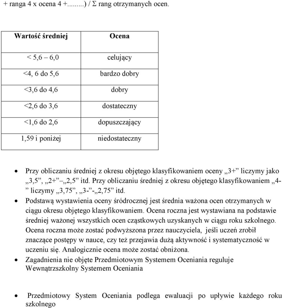 objętego klasyfikowaniem oceny 3+ liczymy jako 3,5, 2+ 2,5 itd. Przy obliczaniu średniej z okresu objętego klasyfikowaniem 4- liczymy 3,75, 3- - 2,75 itd.