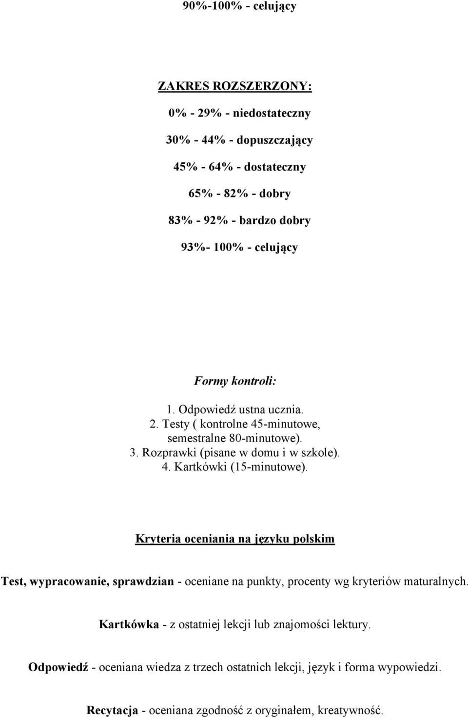 Kryteria oceniania na języku polskim Test, wypracowanie, sprawdzian - oceniane na punkty, procenty wg kryteriów maturalnych.