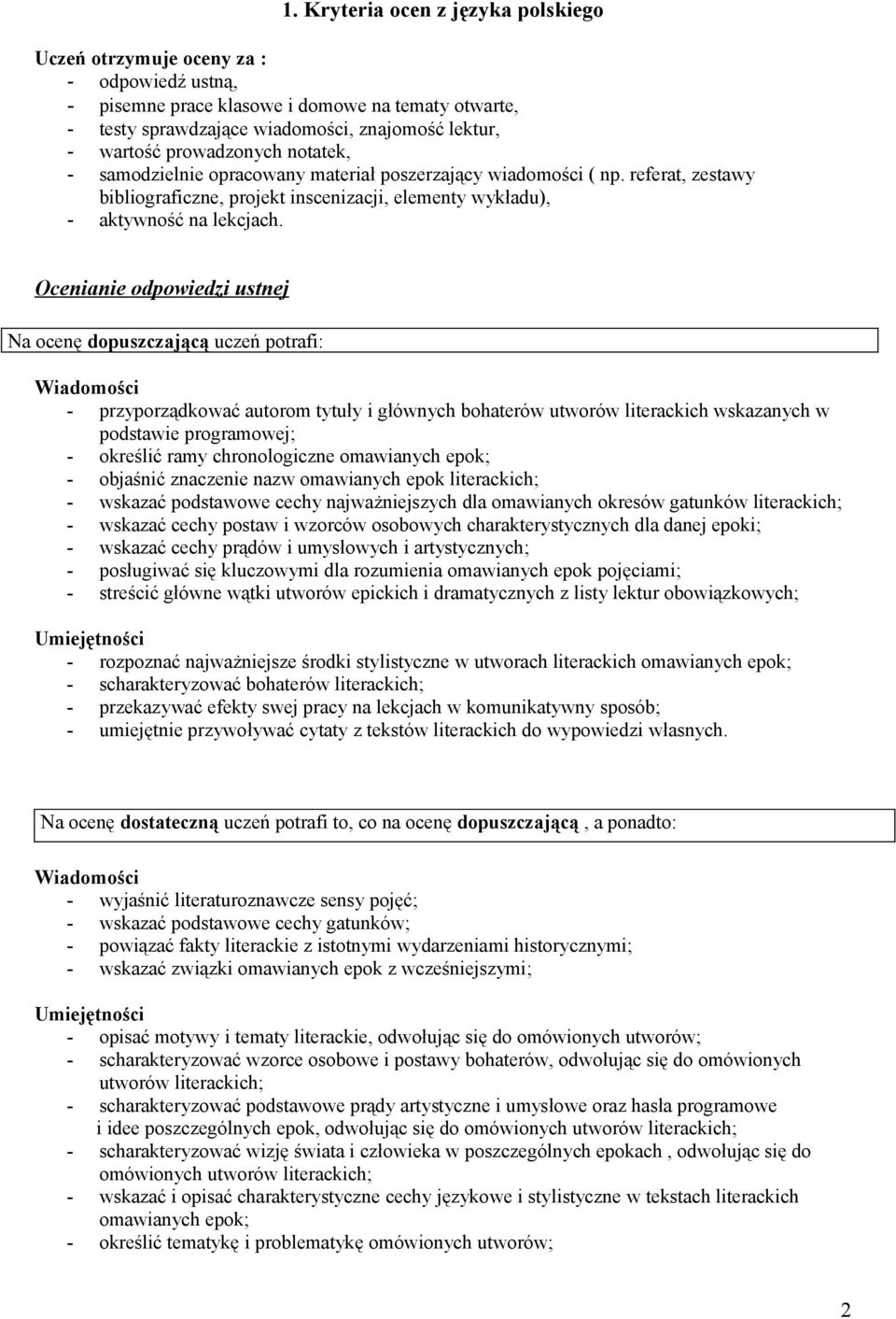 Ocenianie odpowiedzi ustnej Na ocenę dopuszczającą uczeń potrafi: Wiadomości - przyporządkować autorom tytuły i głównych bohaterów utworów literackich wskazanych w podstawie programowej; - określić