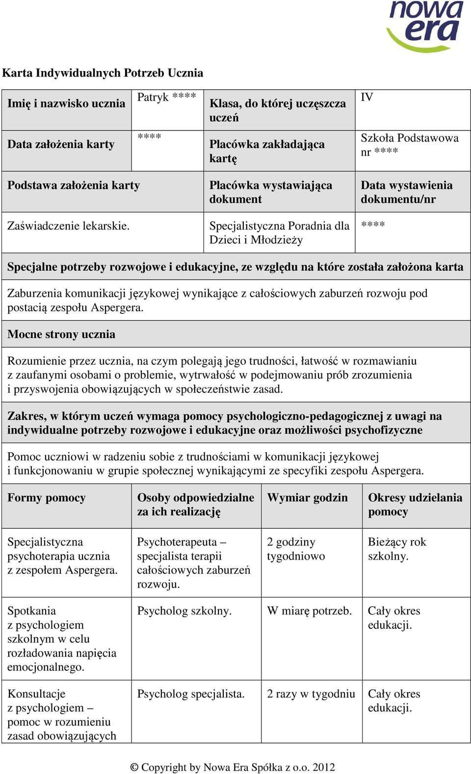 Placówka wystawiająca dokument Specjalistyczna Poradnia dla Dzieci i Młodzieży Data wystawienia dokumentu/nr **** Specjalne potrzeby rozwojowe i edukacyjne, ze względu na które została założona karta