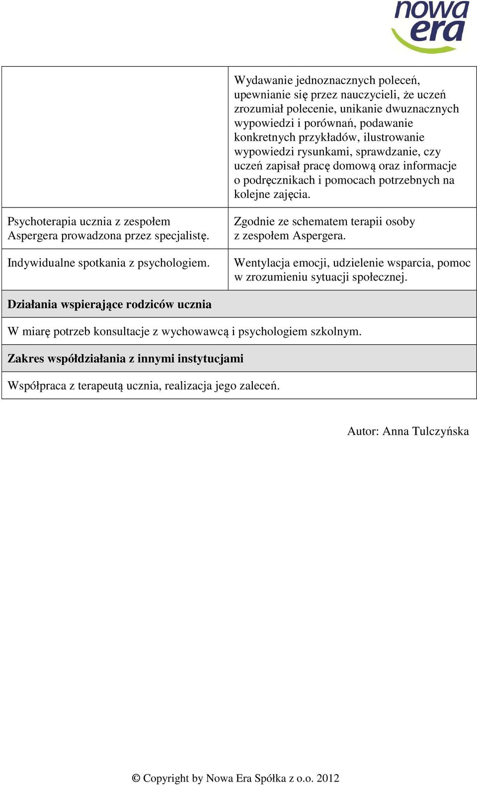 Psychoterapia ucznia z zespołem Aspergera prowadzona przez specjalistę. Indywidualne spotkania z psychologiem. Zgodnie ze schematem terapii osoby z zespołem Aspergera.